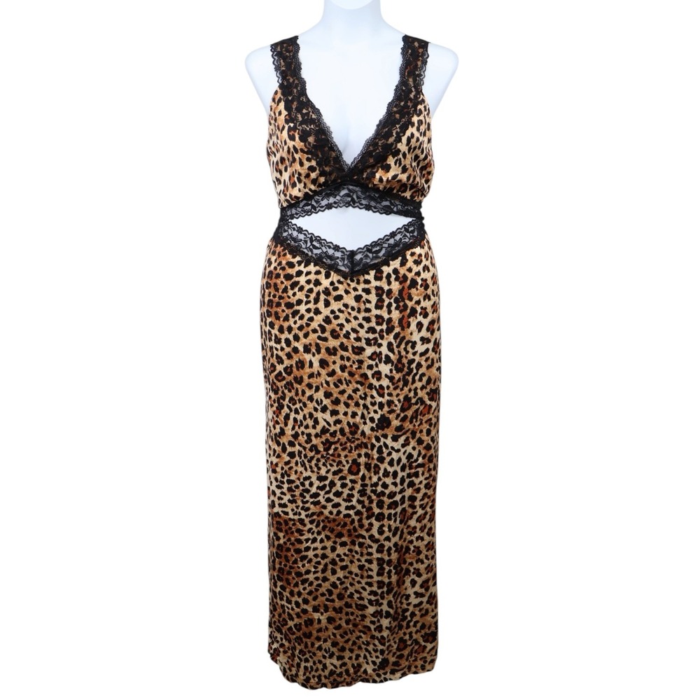 PrettyLittleThing Plus Leopard Satin Lace Cut Out Maxi Dress US 16 NWT